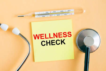 Yellow sticker with the text Wellness Check. A thermometer with a phonendoscope on a warm background. Can be used as a medical concept photoの写真素材
