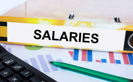 Text Audit Salaries on the folder that is located on the financial diagrams with green pen and calculator. Business and financial conceptの写真素材
