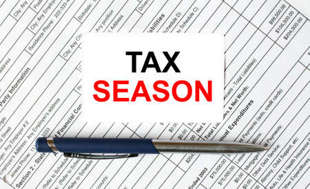 Text Tax Season written on a business card lying on financial tables with a blue metal pen. Business and financial conceptの写真素材