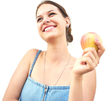 smiling girl with apple on white 