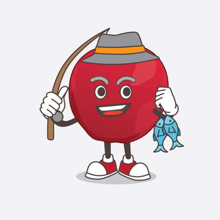 A picture of apple cartoon mascot character fishing with 2 fishesのイラスト素材