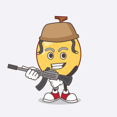 A picture of honeydew melon cartoon mascot character in an Army uniform with machine gunのイラスト素材