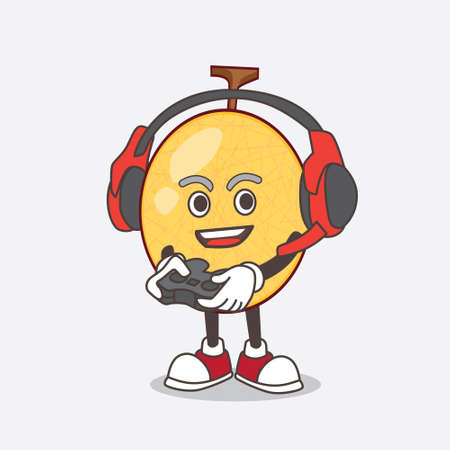 A picture of honeydew melon cartoon mascot character play a game with headphone and controllerのイラスト素材