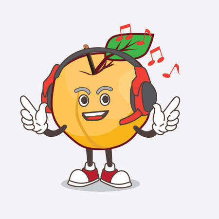 A picture of Apricot cartoon mascot character Listening music on a headsetのイラスト素材