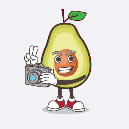An illustration of Avocado Fruit cartoon mascot character as photographer in action with a cameraのイラスト素材