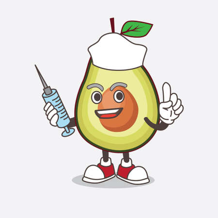 An illustration of Avocado Fruit cartoon mascot character as nurse with medical syringeのイラスト素材