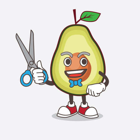 An illustration of Avocado Fruit cartoon mascot character as smiling barber with scissors on handのイラスト素材