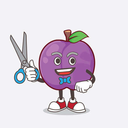 A picture of Plum Fruit cartoon mascot character as smiling barber with scissors on handのイラスト素材