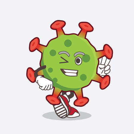 An illustration of Green Coronavirus cartoon mascot character with two fingerのイラスト素材