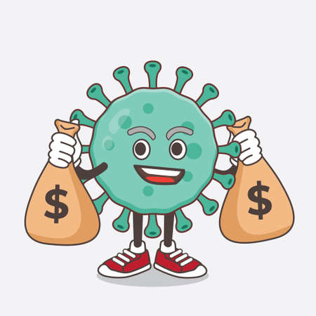 An illustration of Blue Virus cartoon mascot character holding money bagsのイラスト素材