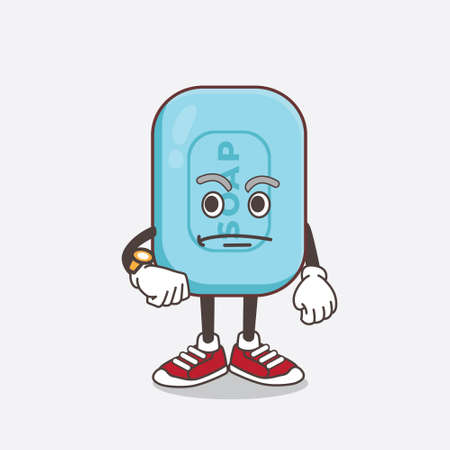 An illustration of Blue Soap cartoon mascot character on a waiting gestureのイラスト素材
