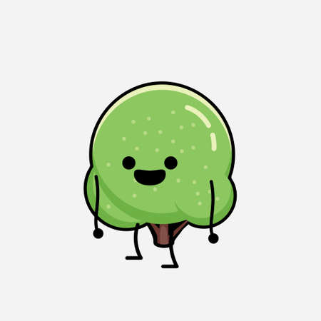 An illustration of Cute Green Rounded Tree Mascot Vector Character in Flat Design Styleのイラスト素材