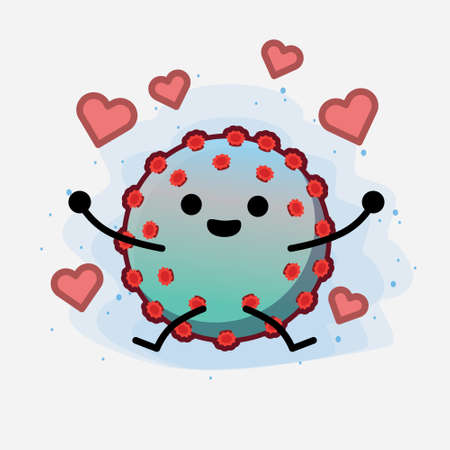 Vector Illustration of Corona Virus Character with cute face, simple hands and leg line art on Isolated Background. Flat cartoon doodle style.のイラスト素材