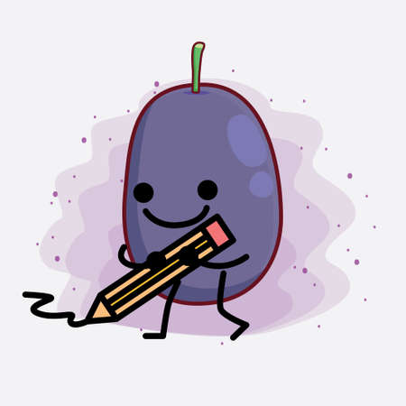 Vector Illustration of Java Plum Fruit Character with cute face, simple hands and leg line art on Isolated Background. Flat cartoon doodle style.のイラスト素材