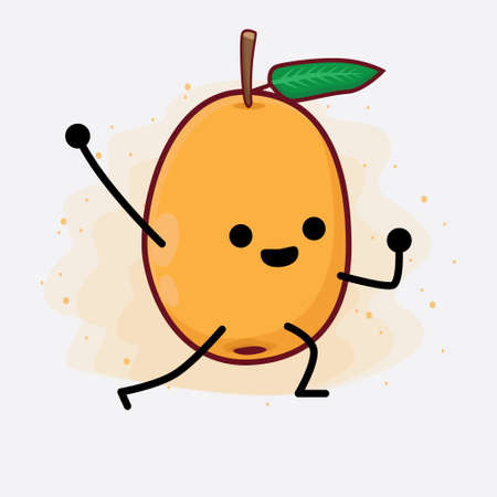 Vector Illustration of Loquat Fruit Character with cute face, simple hands and leg line art on Isolated Background. Flat cartoon doodle style.のイラスト素材