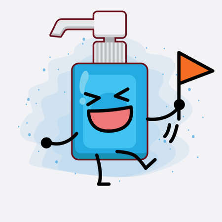 Vector Illustration of Hand Sanitizer Character with cute face, simple hands and leg line art on Isolated Background. Flat cartoon doodle style.のイラスト素材