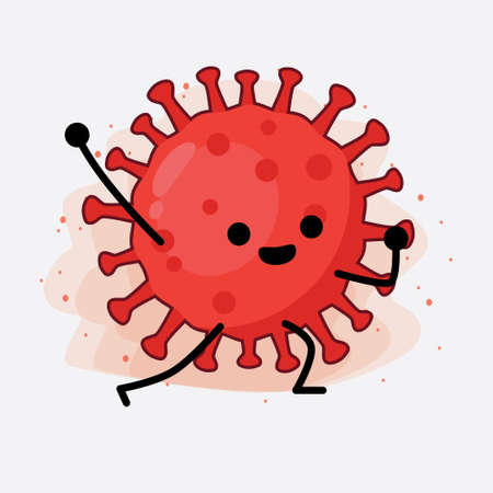 Vector Illustration of Red Virus Character with cute face, simple hands and leg line art on Isolated Background. Flat cartoon doodle style.のイラスト素材