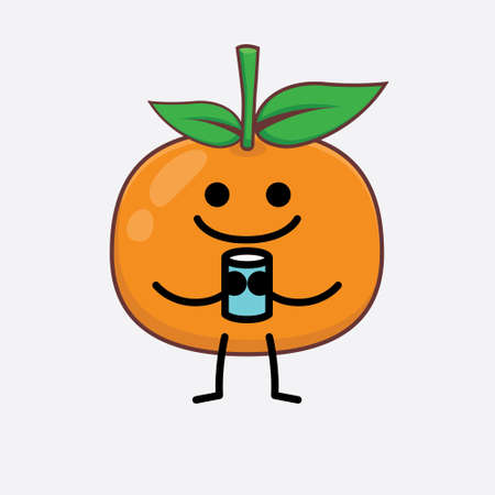 Vector Illustration of Mandarin Orange Character with cute face, simple hands and leg line art on Isolated Background. Flat cartoon doodle style.のイラスト素材