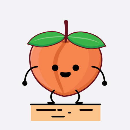 Vector Illustration of Peach Fruit Character with cute face, simple hands and leg line art on Isolated Background. Flat cartoon doodle style.のイラスト素材