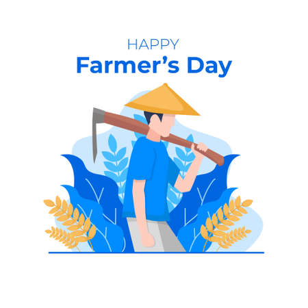 Happy farmers day flat celebration holiday flat illustration with leaves, hoe and farmer vectorのイラスト素材