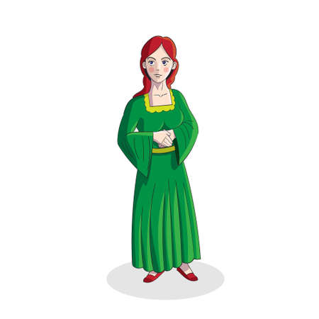 An illustration of irish girl vector character with red hair wearing traditional green clothesのイラスト素材