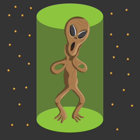 An illustration of alien vector mascot character with surprised face in light beam and spaceのイラスト素材