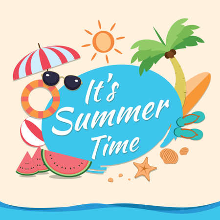 Summer time vector banner design with blue circle for text and colorful beach elements in sand...