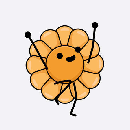 Vector Illustration of Flower Character with cute face, simple hands and leg line art on Isolated Background. Flat cartoon doodle style.のイラスト素材