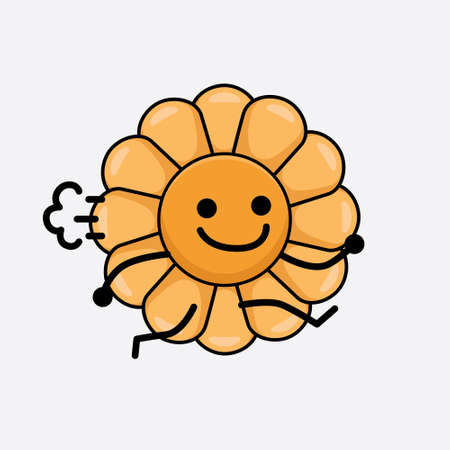Vector Illustration of Flower Character with cute face, simple hands and leg line art on Isolated Background. Flat cartoon doodle style.のイラスト素材