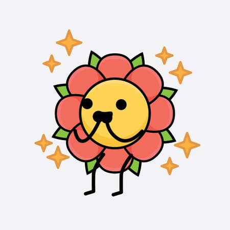 Vector Illustration of Flower Character with cute face, simple hands and leg line art on Isolated Background. Flat cartoon doodle style.のイラスト素材