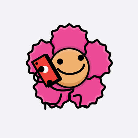 Vector Illustration of Flower Character with cute face, simple hands and leg line art on Isolated Background. Flat cartoon doodle style.のイラスト素材