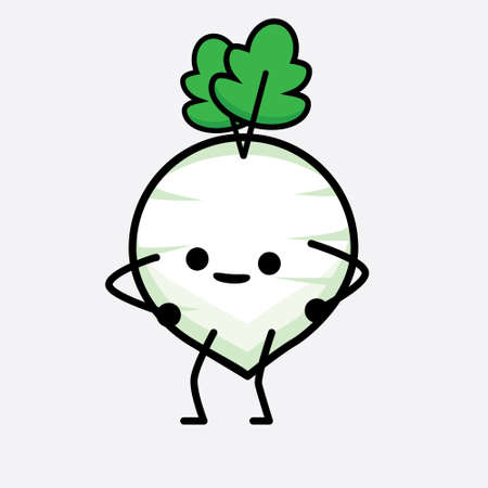 Vector Illustration of White Radish Character with cute face and simple body line drawing on isolated backgroundのイラスト素材