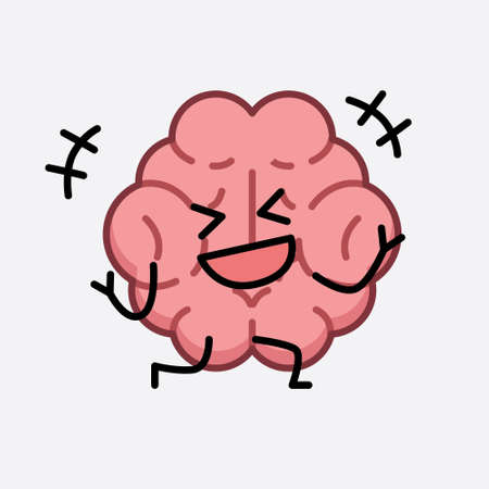 Vector Illustration of Brain Character with cute face and simple body line drawing on isolated backgroundのイラスト素材