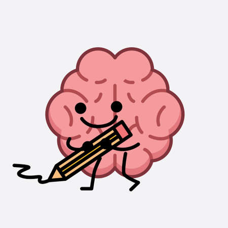 Vector Illustration of Brain Character with cute face and simple body line drawing on isolated backgroundのイラスト素材
