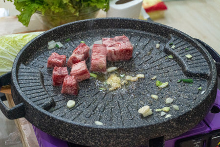 Delicious Meat and Vegetables Grill Cooking on All You Can Eat Iron Grilling Panの写真素材