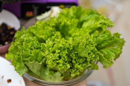 Green Lettuce inside bowl in front of grilling stove with cooking ingredients close upの写真素材
