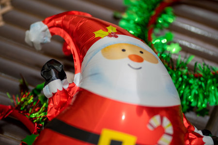 Red Green Colorful Christmas Decoration on Wooden Bamboo Table Close Upの写真素材