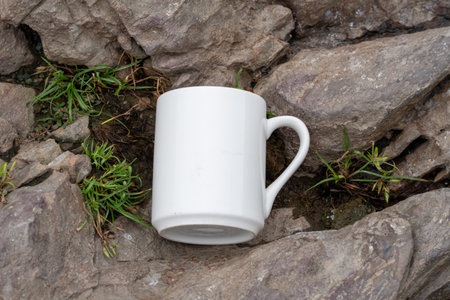 White mug, mock up, empty space for artwork, text, standing on stone, outdoors, green grass, trees,...