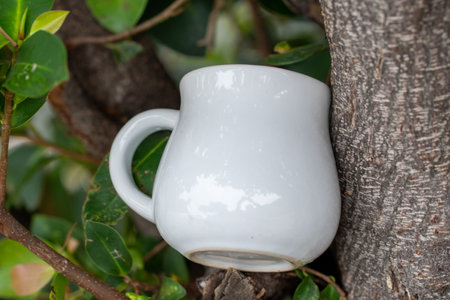 White mug, mock up, empty space for artwork, text, standing on stone, outdoors, green grass, trees, sky in the background, soft sunlight, natureの写真素材