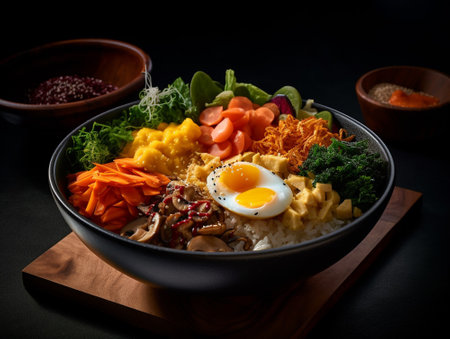 A bowl of bimbimbap korean food illustration close upの写真素材