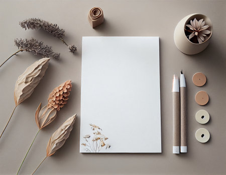 Flatlay Paper Mockup on Table, Modern and Minimalistic Design Created with Generative AIの素材