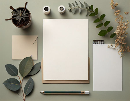 Flatlay Paper Mockup on Table, Modern and Minimalistic Design Created with Generative AIの素材