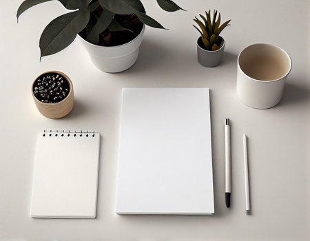 Flatlay Paper Mockup on Table, Modern and Minimalistic Design Created with Generative AIの素材