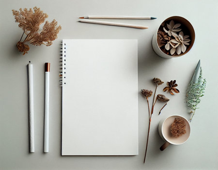Flatlay Paper Mockup on Table, Modern and Minimalistic Design Created with Generative AIの素材