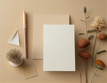 Flatlay Paper Mockup on Table, Modern and Minimalistic Design Created with Generative AIの素材