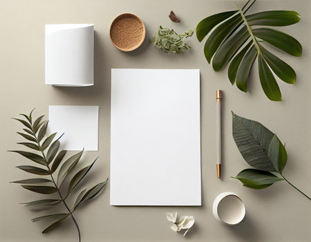 Flatlay Paper Mockup on Table, Modern and Minimalistic Design Created with Generative AIの素材