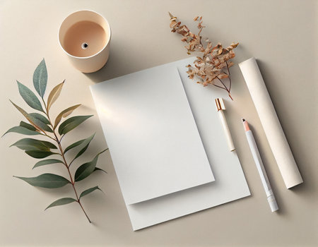 Flatlay Paper Mockup on Table, Modern and Minimalistic Design Created with Generative AIの素材