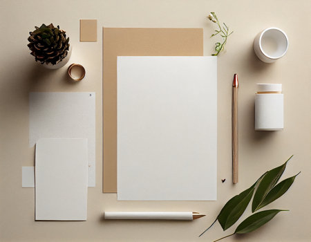 Flatlay Paper Mockup on Table, Modern and Minimalistic Design Created with Generative AIの素材
