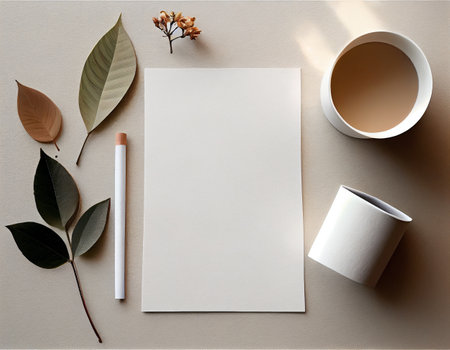 Flatlay Paper Mockup on Table, Modern and Minimalistic Design Created with Generative AIの素材