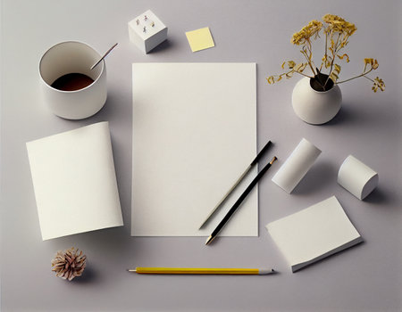 Flatlay Paper Mockup on Table, Modern and Minimalistic Design Created with Generative AIの素材